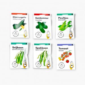 In het Klimmerspakket zitten de 6 lekkerste groentes die een klimrek nodig hebben: snijbonen, spekbonen, peultjes, klimcourgette, tomaten en komkommer.