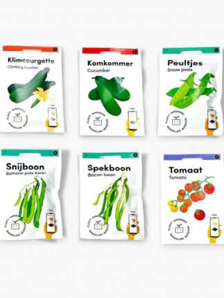 In het Klimmerspakket zitten de 6 lekkerste groentes die een klimrek nodig hebben: snijbonen, spekbonen, peultjes, klimcourgette, tomaten en komkommer.